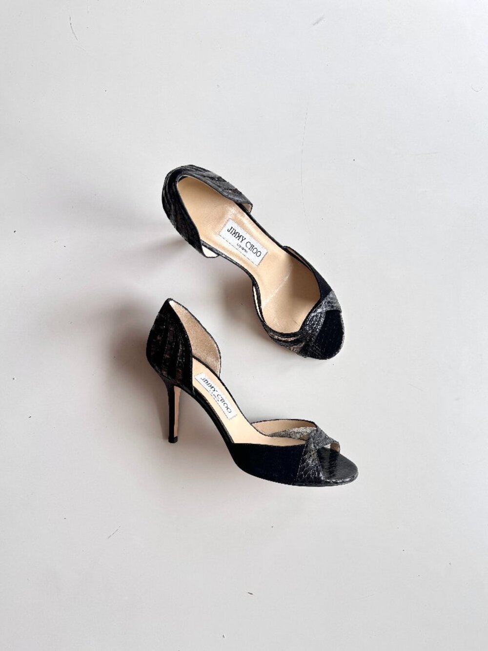 JIMMY CHOO Black Suede Watersnake Leather Lace d'Orsay Pumps, Size 38